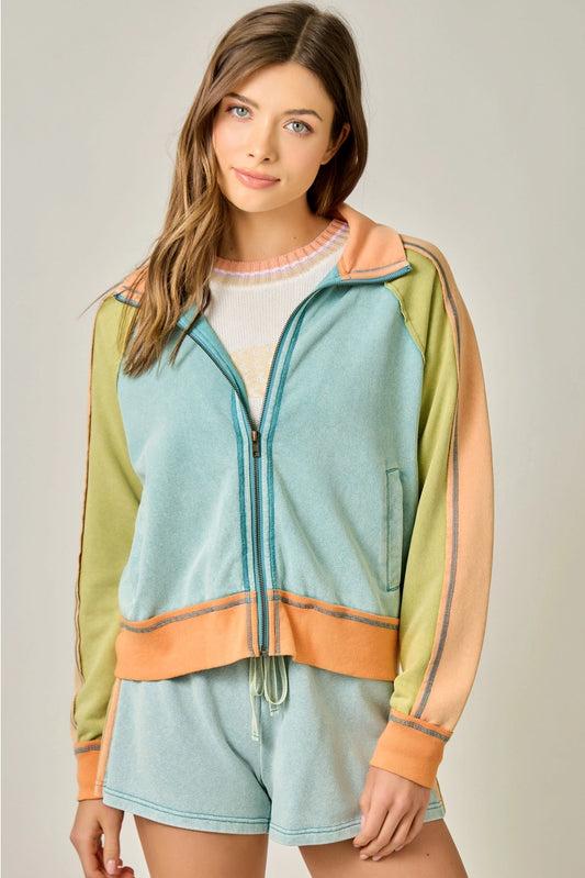 Seafoam Orange Color Block Zipped Up Jacket