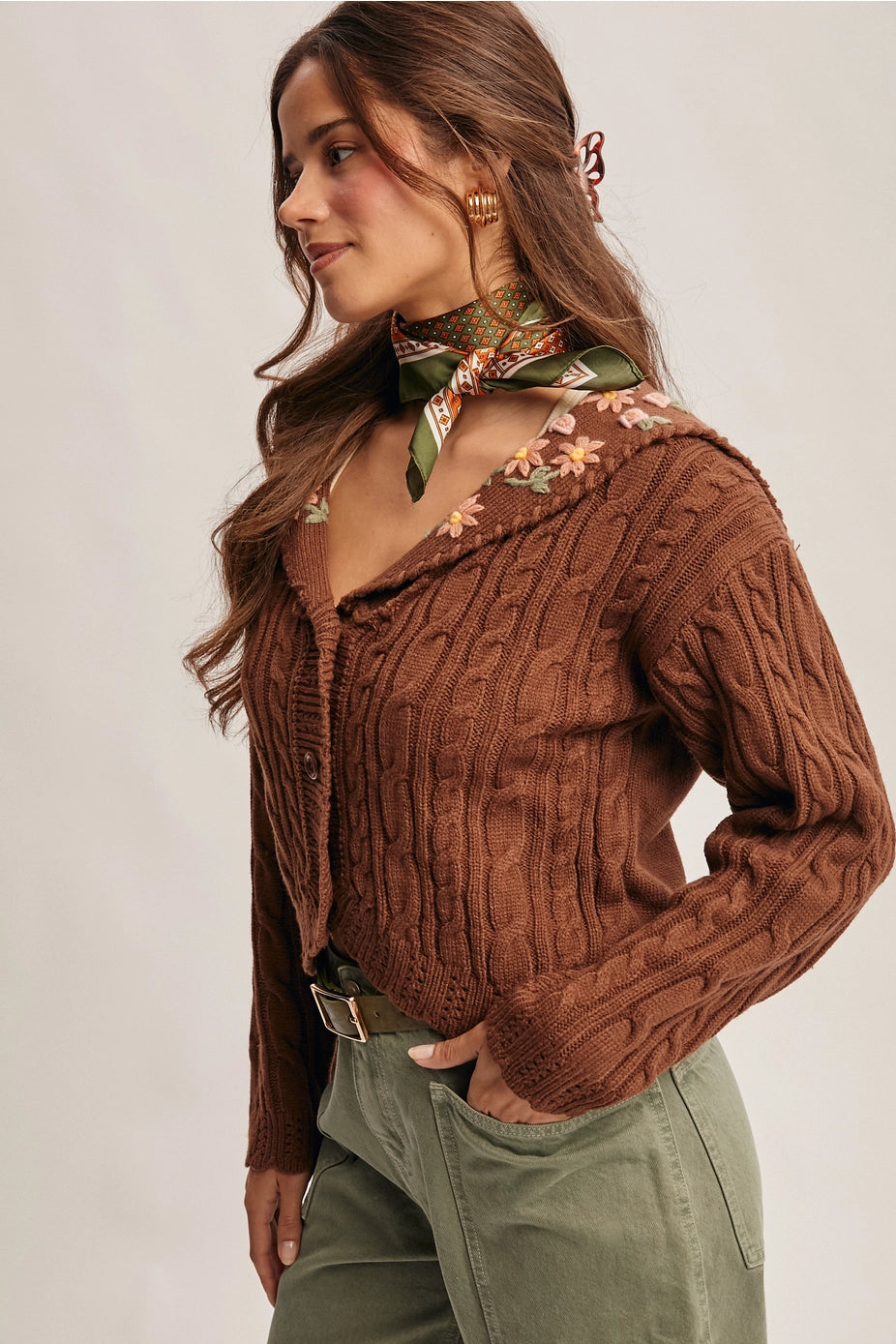 Mocha Cable Knit Embroidered Collar Cardigan