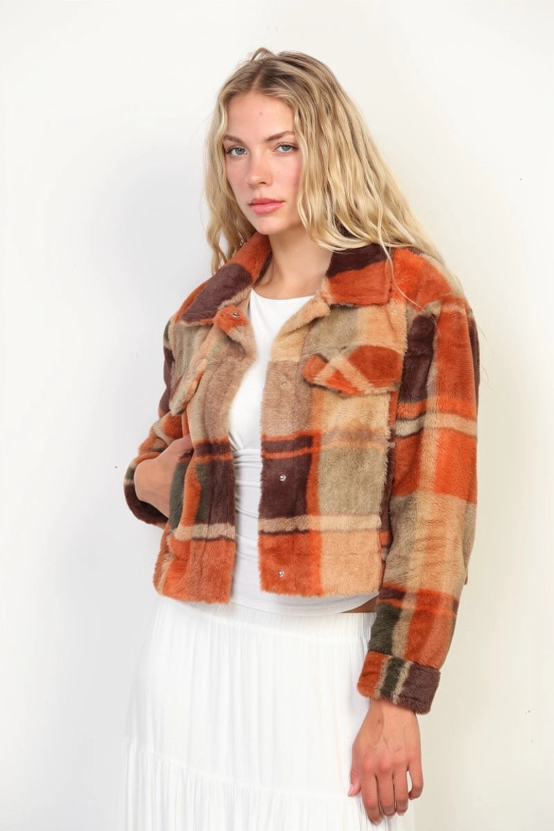 Rust Plaid Faux Fur Jacket