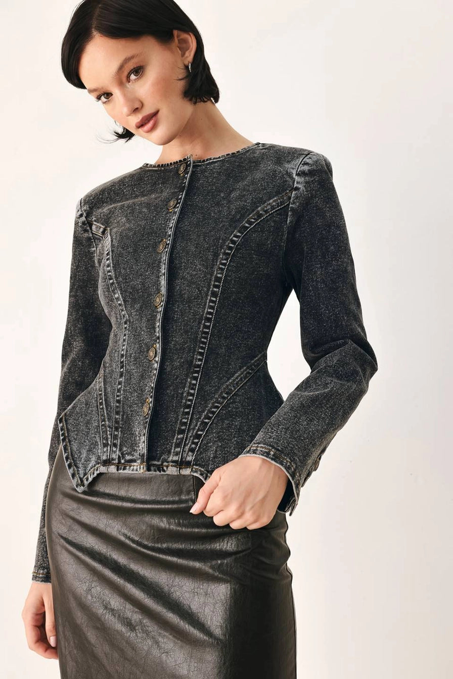 Black Acid Washed Denim Peplum Jacket