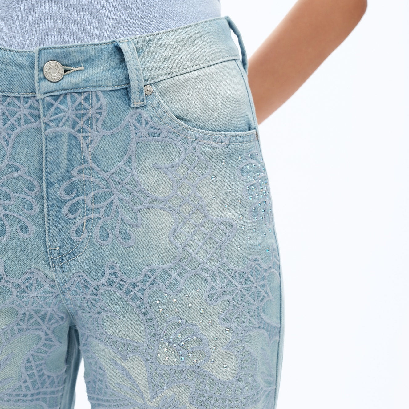 High Rise Straight Leg Cutout Embroidered Jeans with Raw Hem