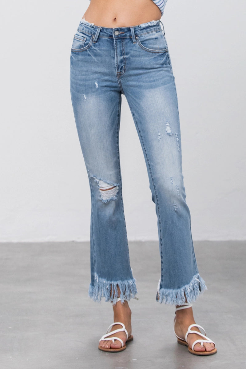Insane Gene Mid Rise Long Bottom Frayed Crop Flare Jeans