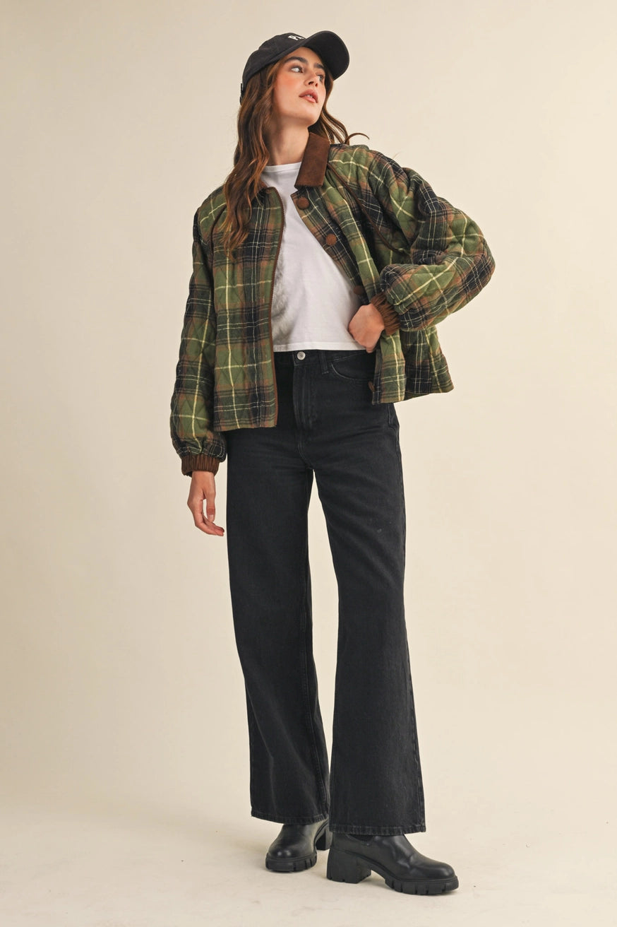 Plaid Quilted Jacket with Corduroy Detail