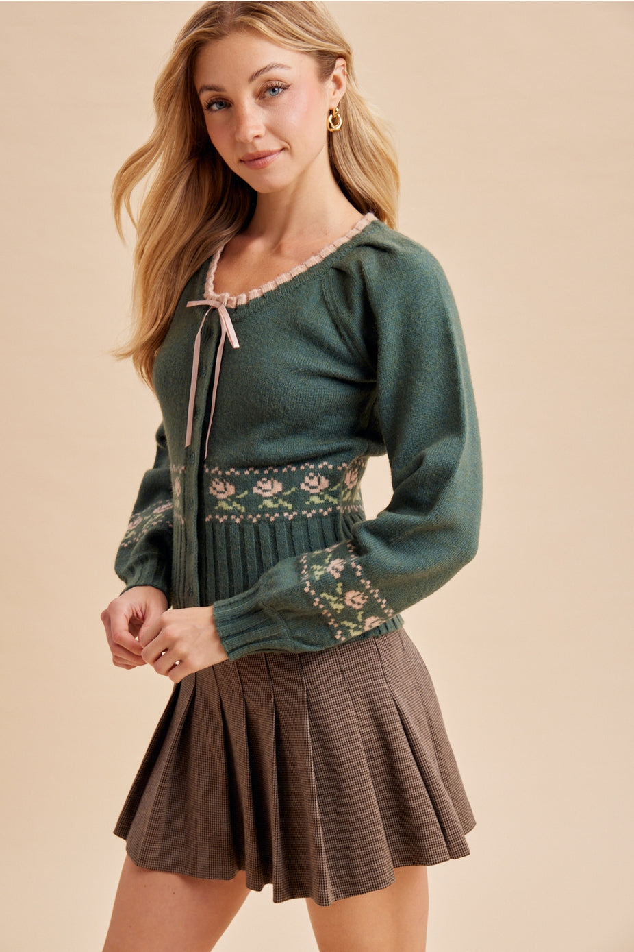 Cottage Green Floral Knitted Sweater Top