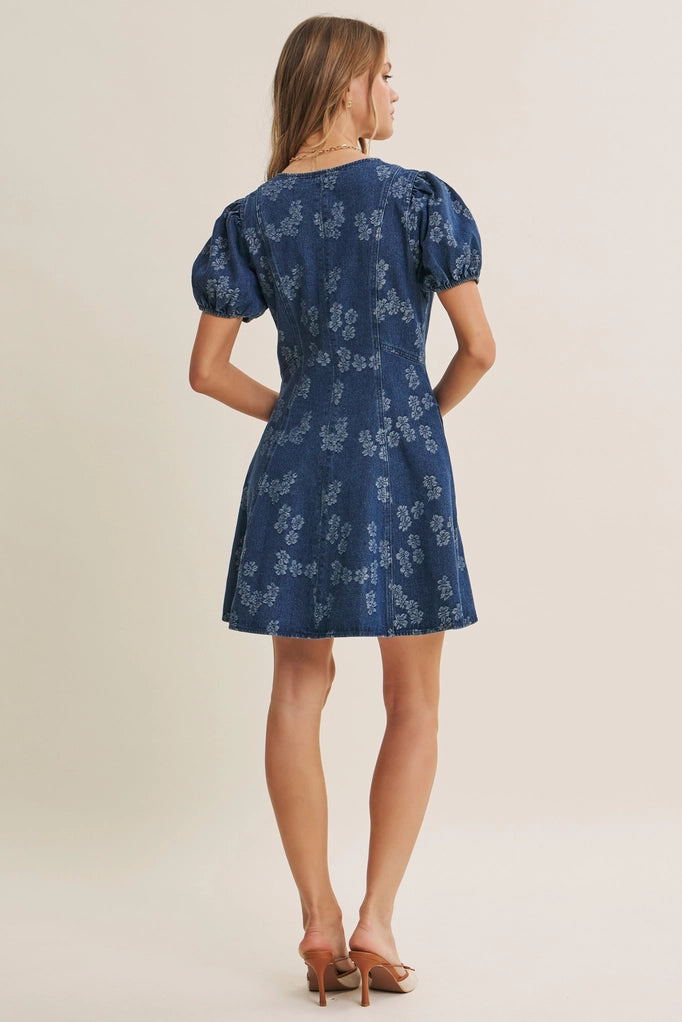 Mineral-Washed Floral Denim Fit and Flare Mini