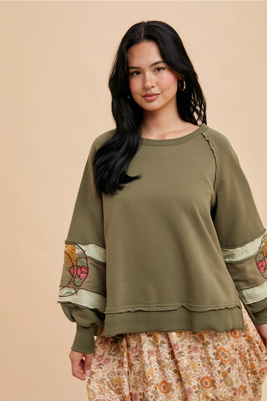 Garment Washed Embroidered Sleeve Pullover