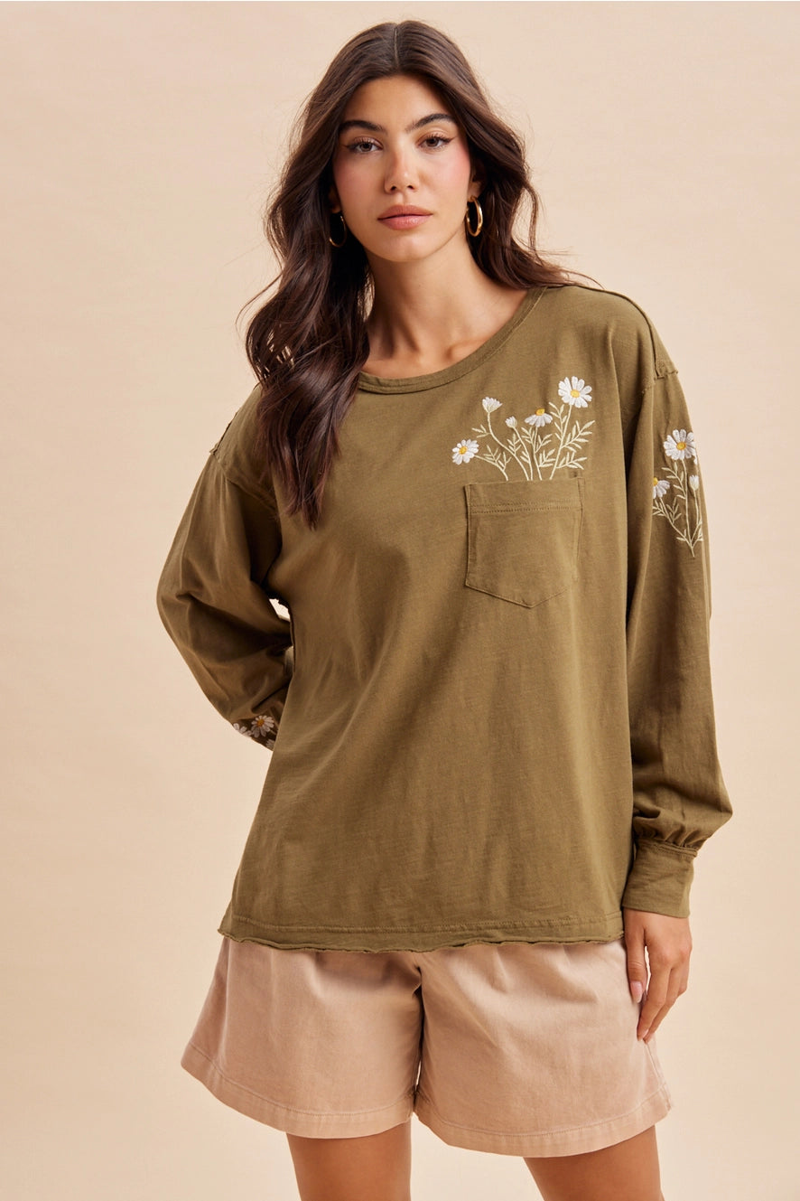 Embroidered Long Sleeve Pullover - Burnt Olive