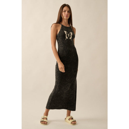 Charcoal Vintage Wash Butterfly Graphic Tank Maxi Dress
