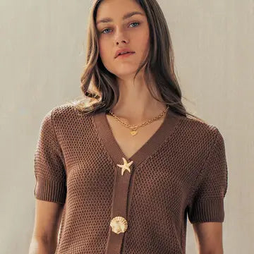 Mocha Coastal Seashell Button Textured Knit Cardigan Top