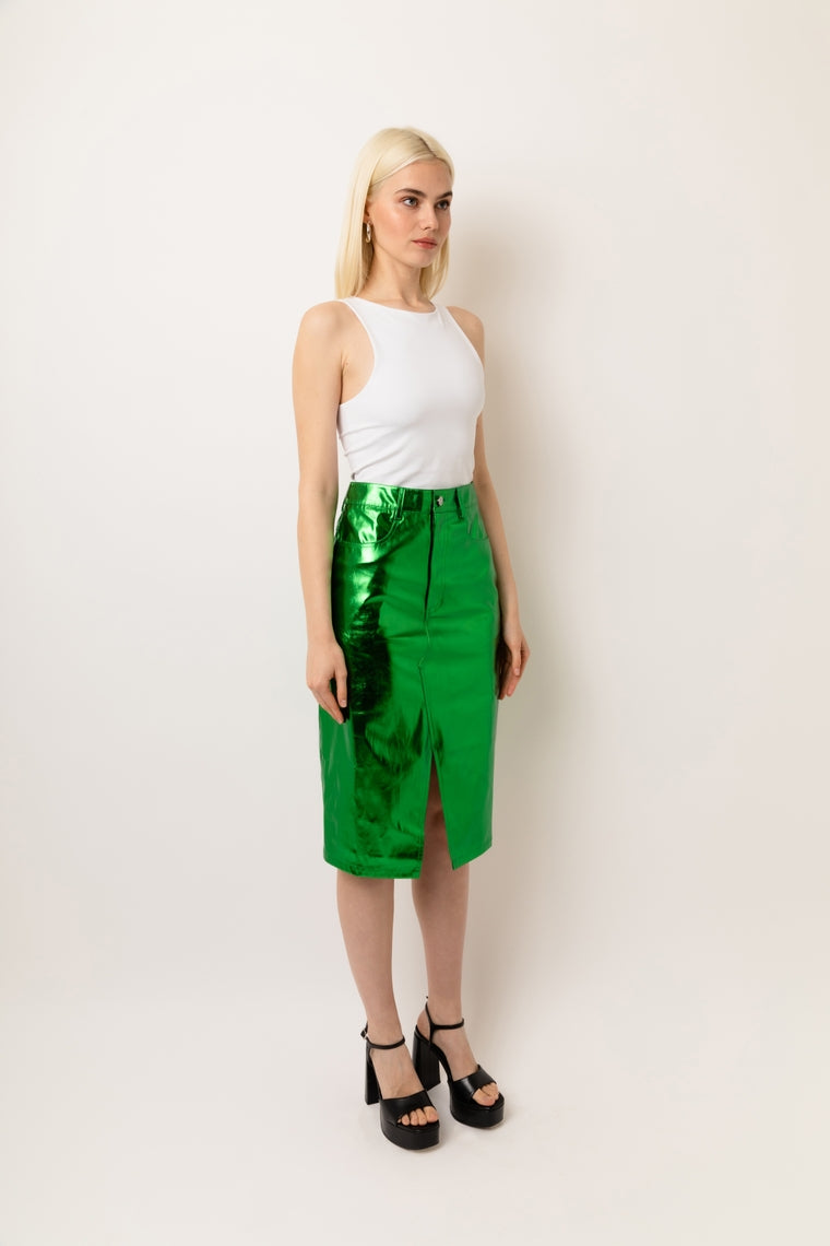 Amy Lynn Lupe High Waist Metallic Knee Length Skirt in Green