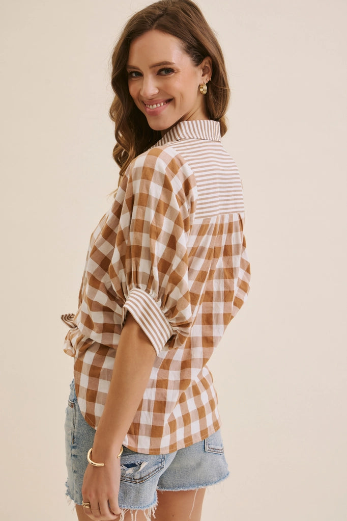Mocha Gingham Balloon-Sleeves Shirt