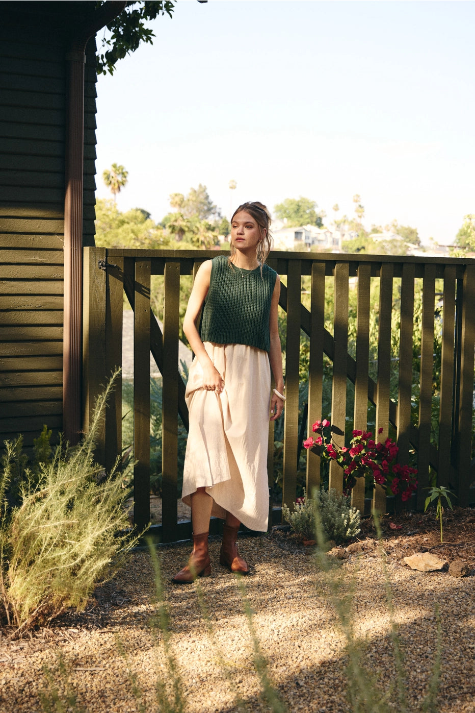 Forest Green Chunky Sweater Mixed Media Midi Dress