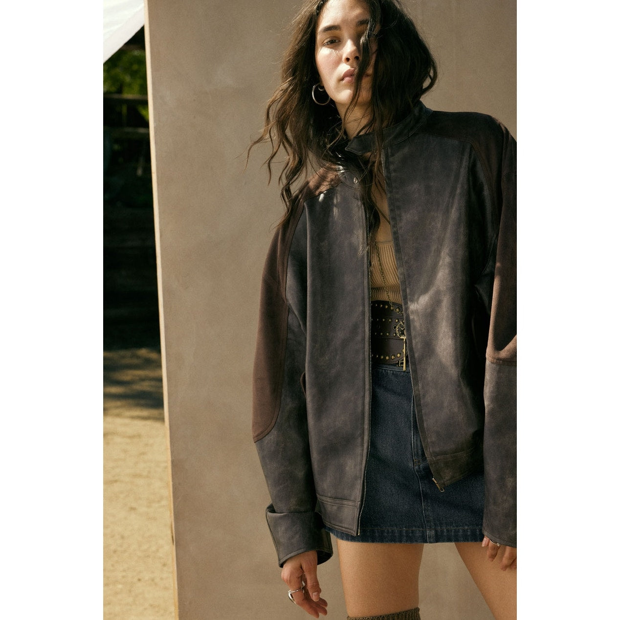 Espresso Faux Leather and Suede Barrel-Sleeve Jacket