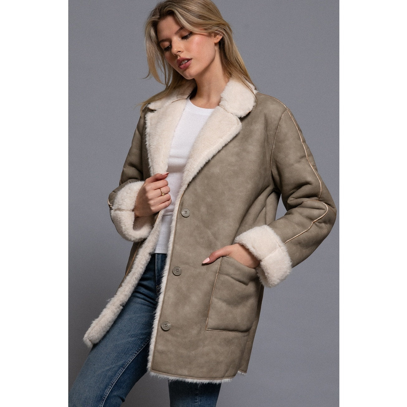 Taupe Lapel Collar Button Down Double Sided Faux Leather Coat