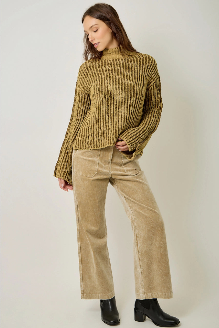Mustard Velvety Two-Tone Sleeve Buttoned Sweater