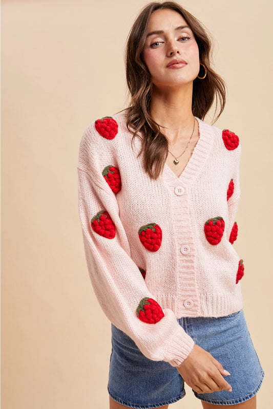 Knitted 3D Strawberry Cardigan