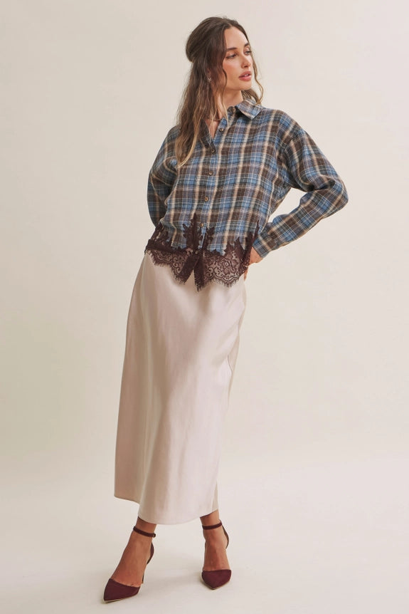 Western Romantic Plaid Eyelash Lace Hem Button-Down Shirt
