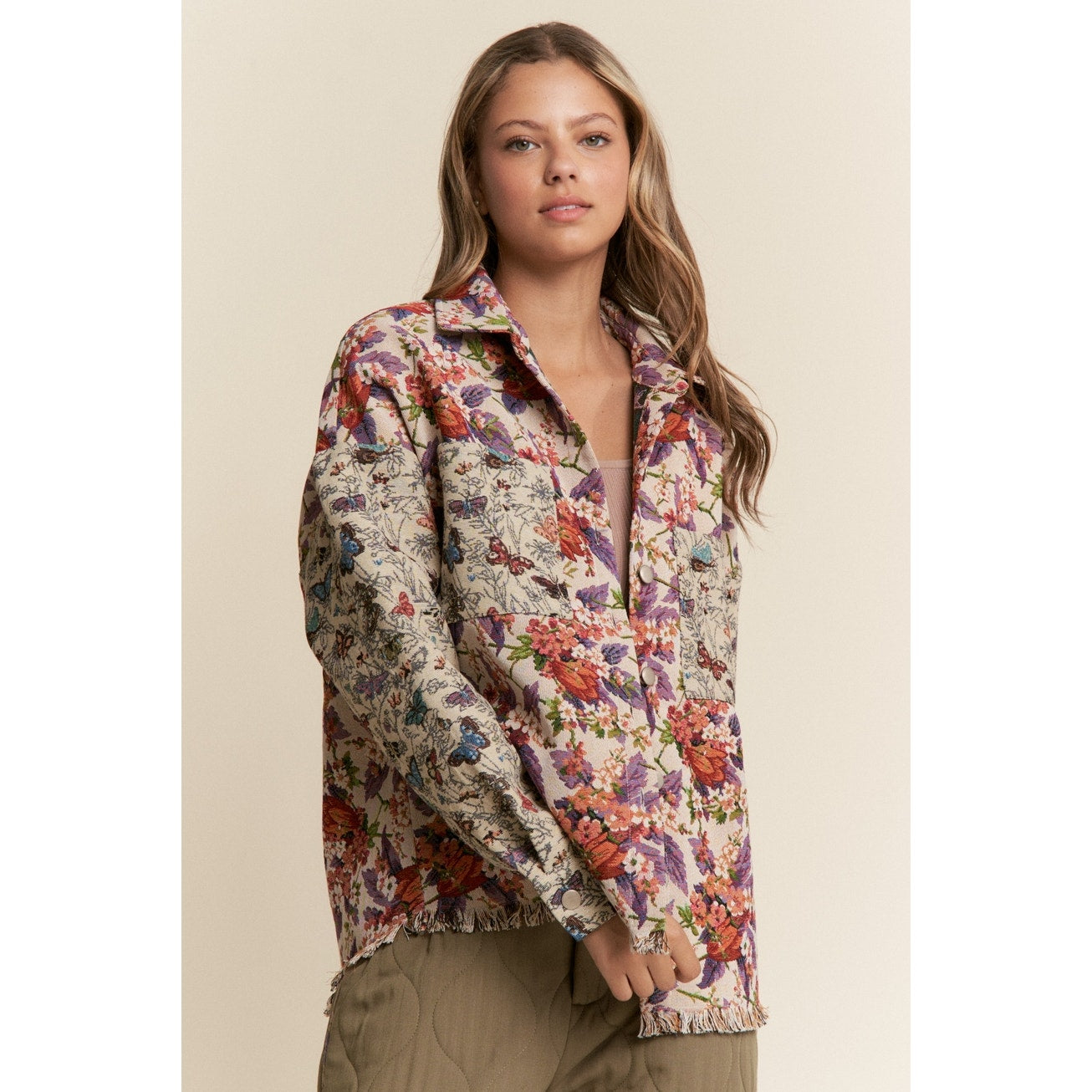 Violet Copper Butterfly and Floral Print Button Down Jacket