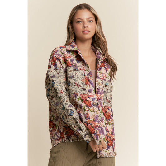 Violet Copper Butterfly and Floral Print Button Down Jacket