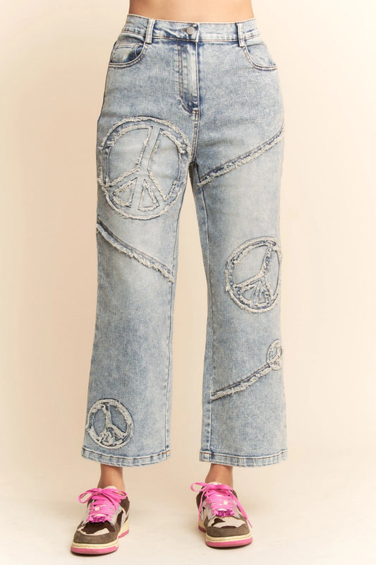 Peace Sign Straight Cropped Light Denim Jeans
