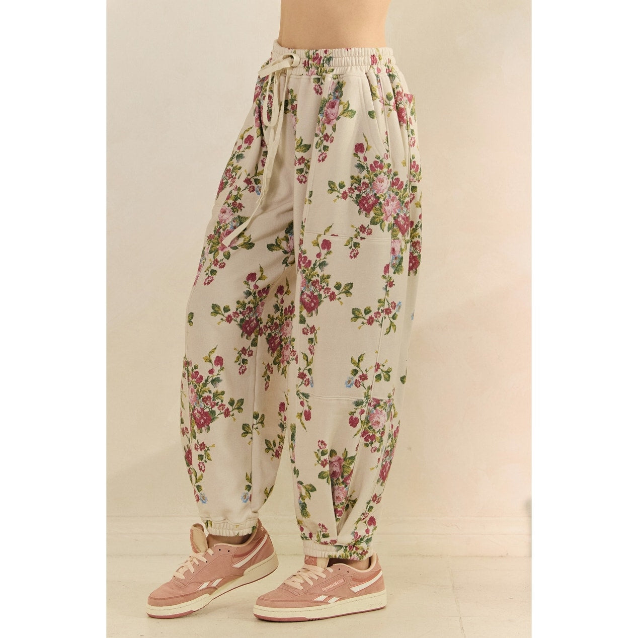 Beige Floral Printed French Terry Pants