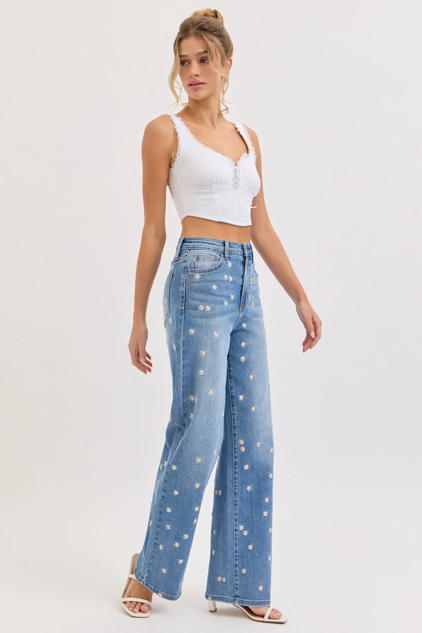 Daisy Embroidered High Rise Wide Leg Jeans