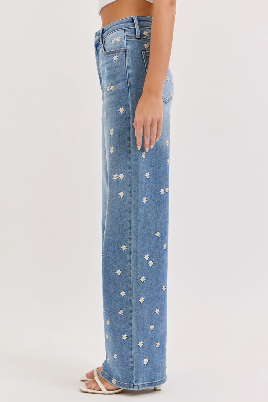 Daisy Embroidered High Rise Wide Leg Jeans
