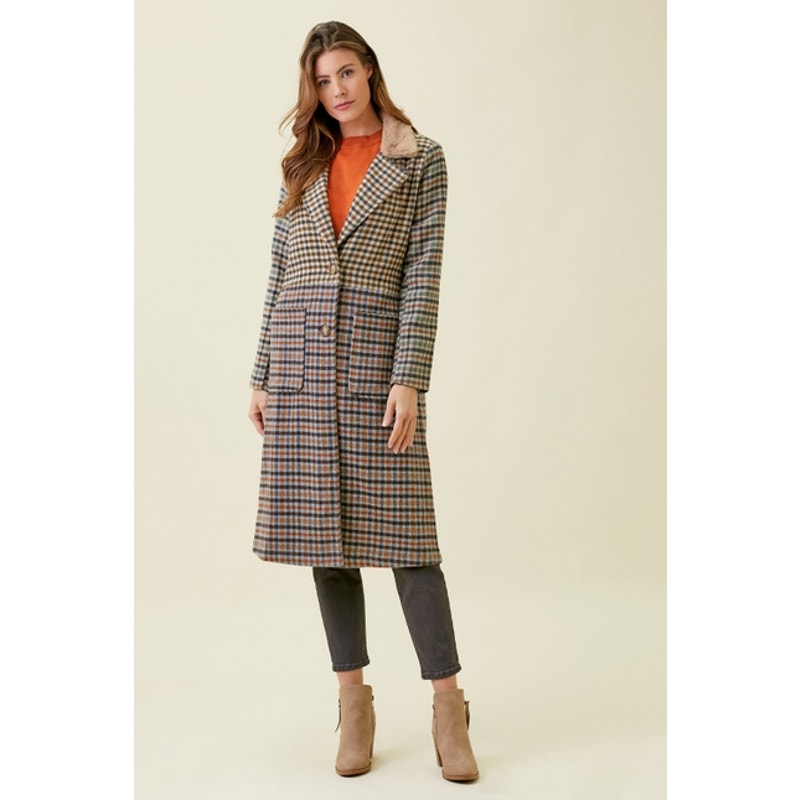 Taupe Mix Plaid Long Coat with Faux Fur Collar