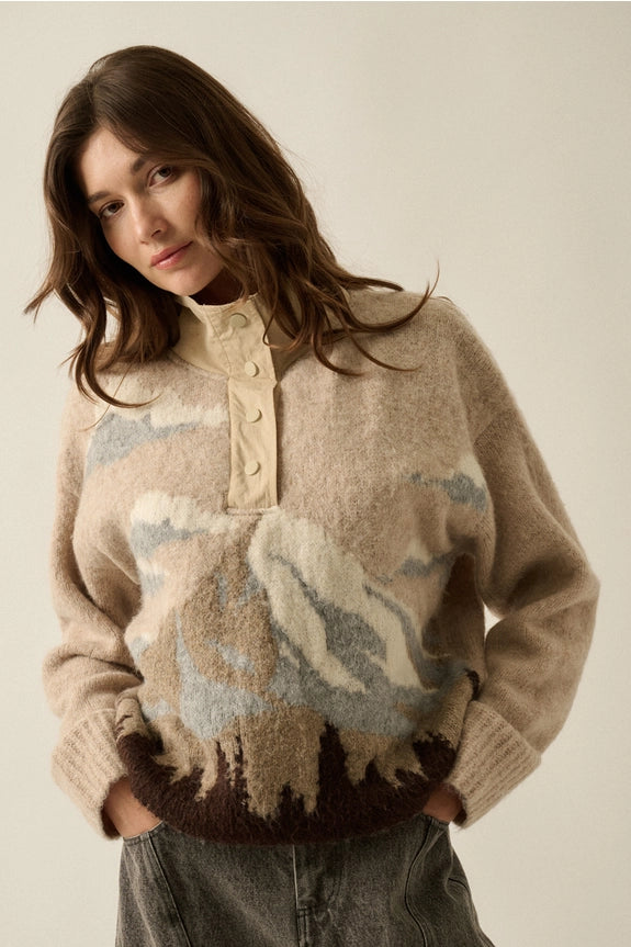 Oatmeal Jacquard-Knit Landscape Quarter-Zip Pullover Sweater Jacket
