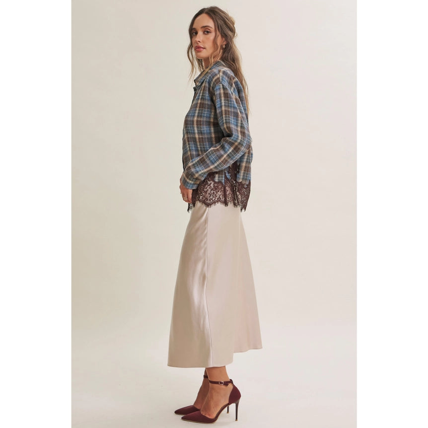 Western Romantic Plaid Eyelash Lace Hem Button-Down Shirt
