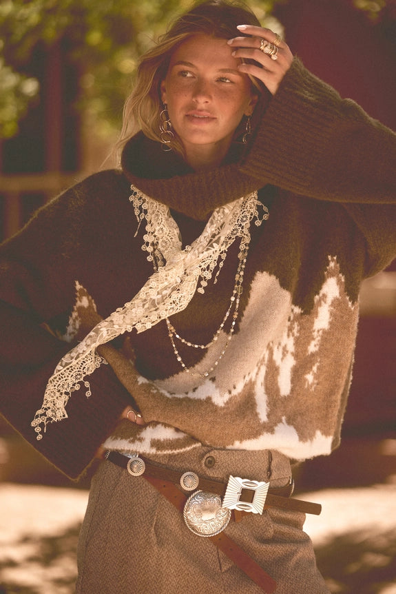Olive Taupe Mountains Fuzzy Jacquard-Knit Turtleneck Sweater