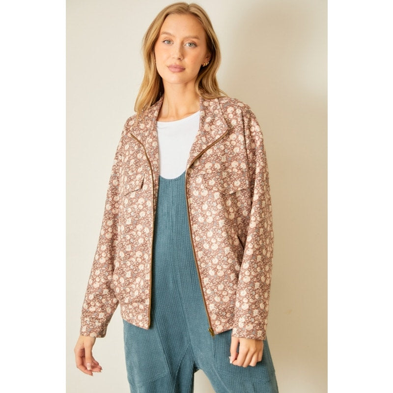 Brown Floral Print Zip Jacket