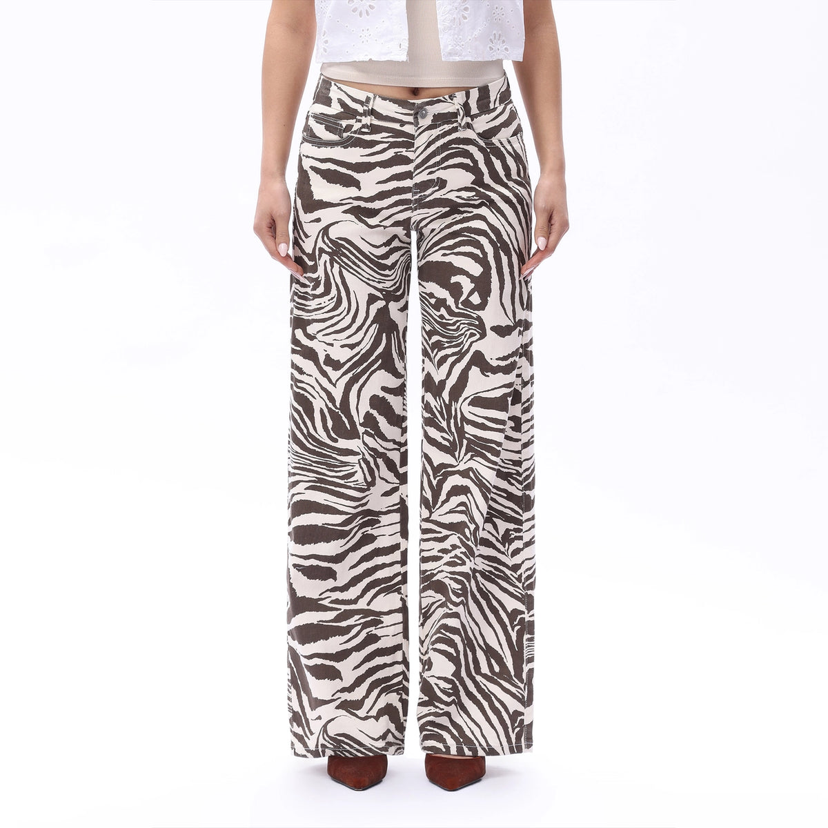 Zebra Print Mid-Rise Wide Leg Jeans