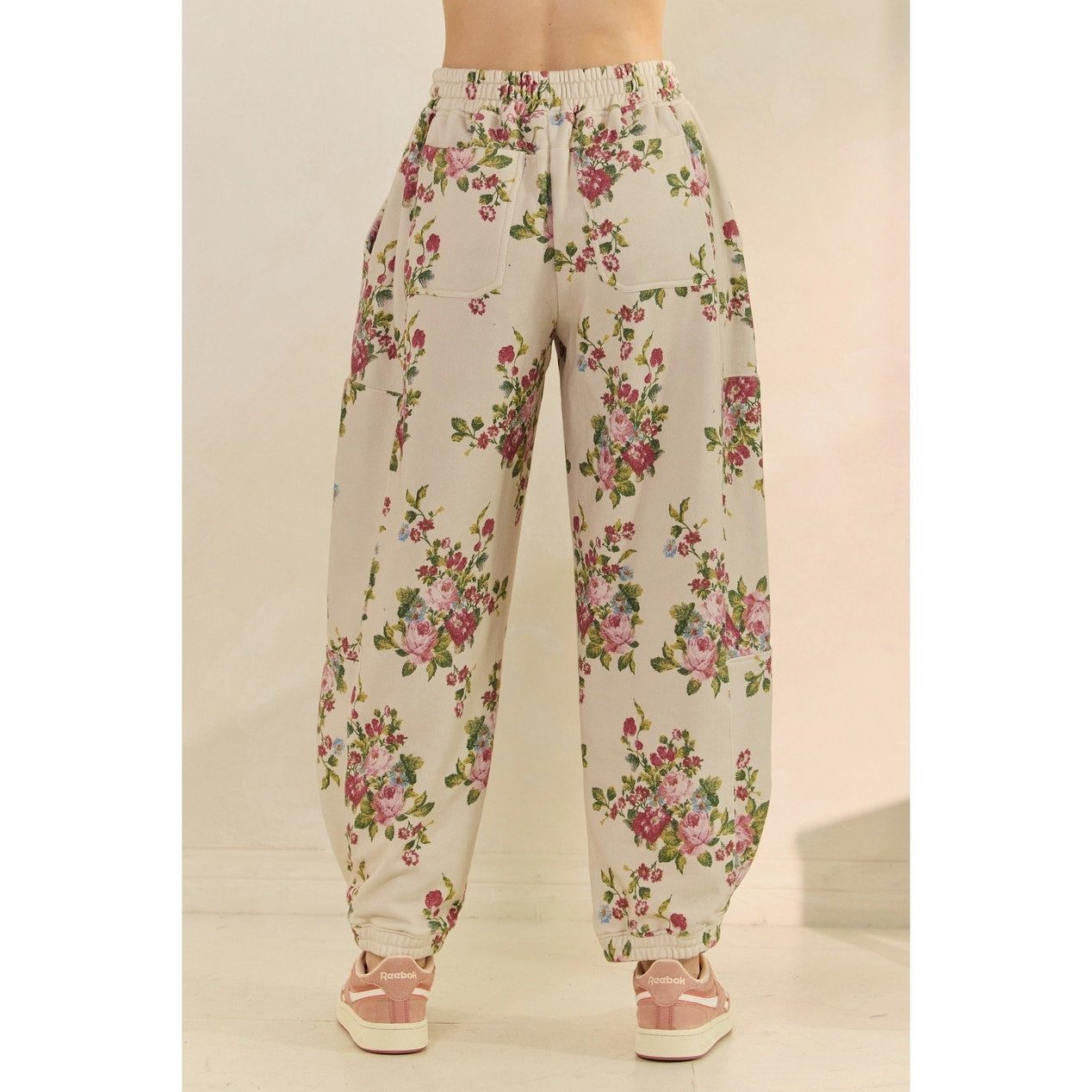 Beige Floral Printed French Terry Pants
