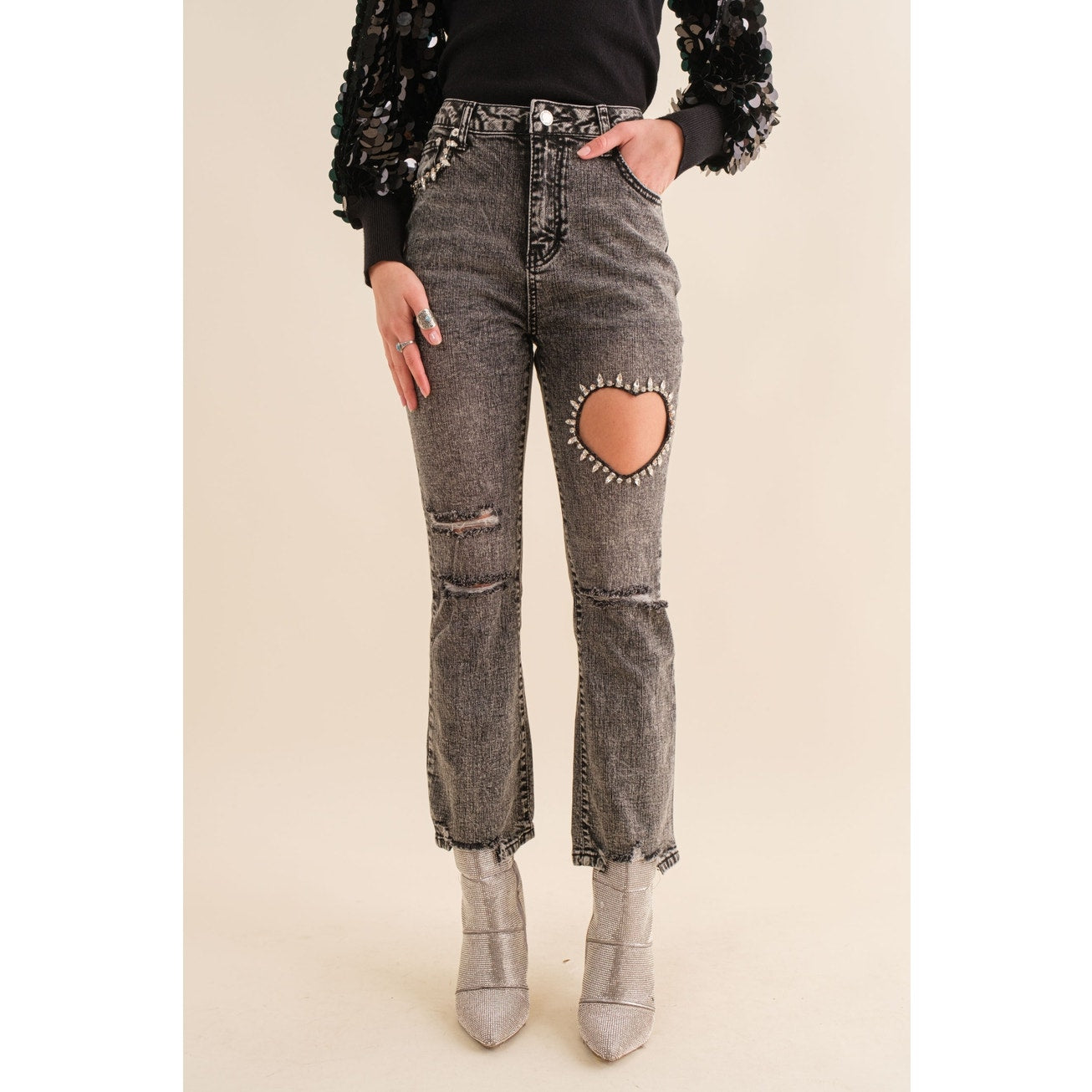 Charcoal Crop Stretch Ankle Button Heart Cut Out Denim Jeans