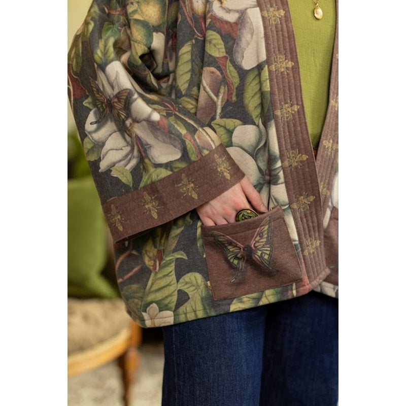 Fleur De Lune Fleece Cottage Cardigan Jacket w/ Floral Print