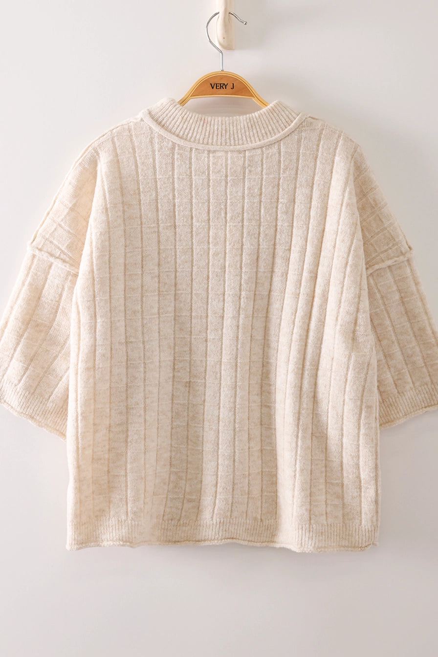 Oatmeal Cropped Length Ribbed Knit Sweater
