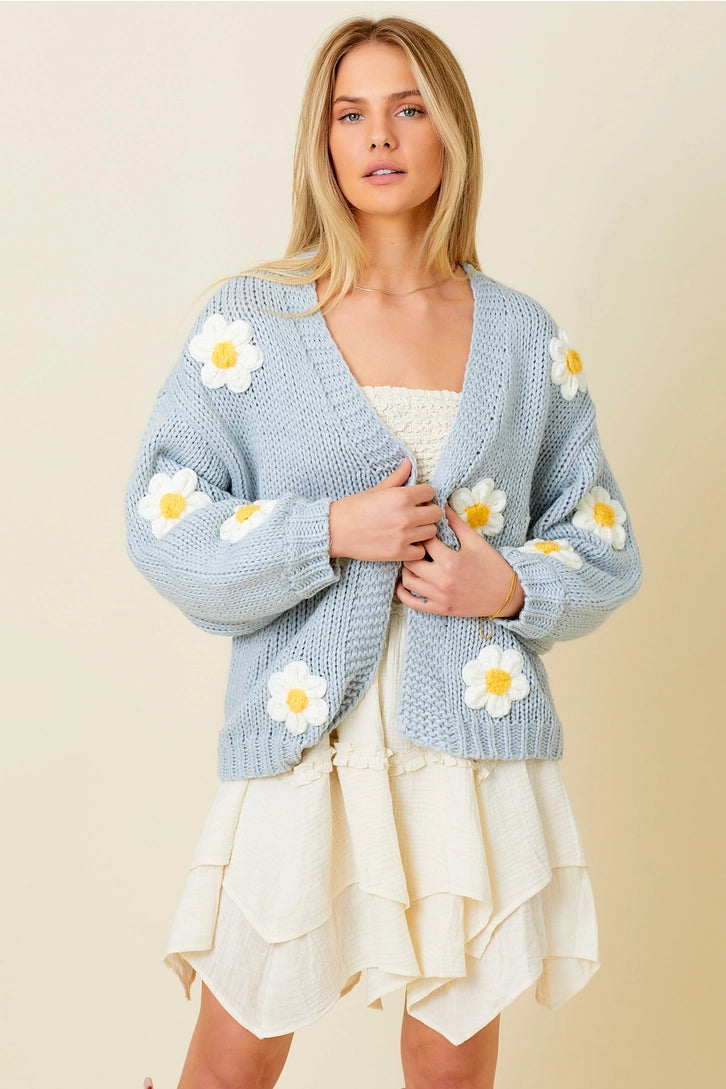 Powder Blue Daisy Sweater Knit Cardigan