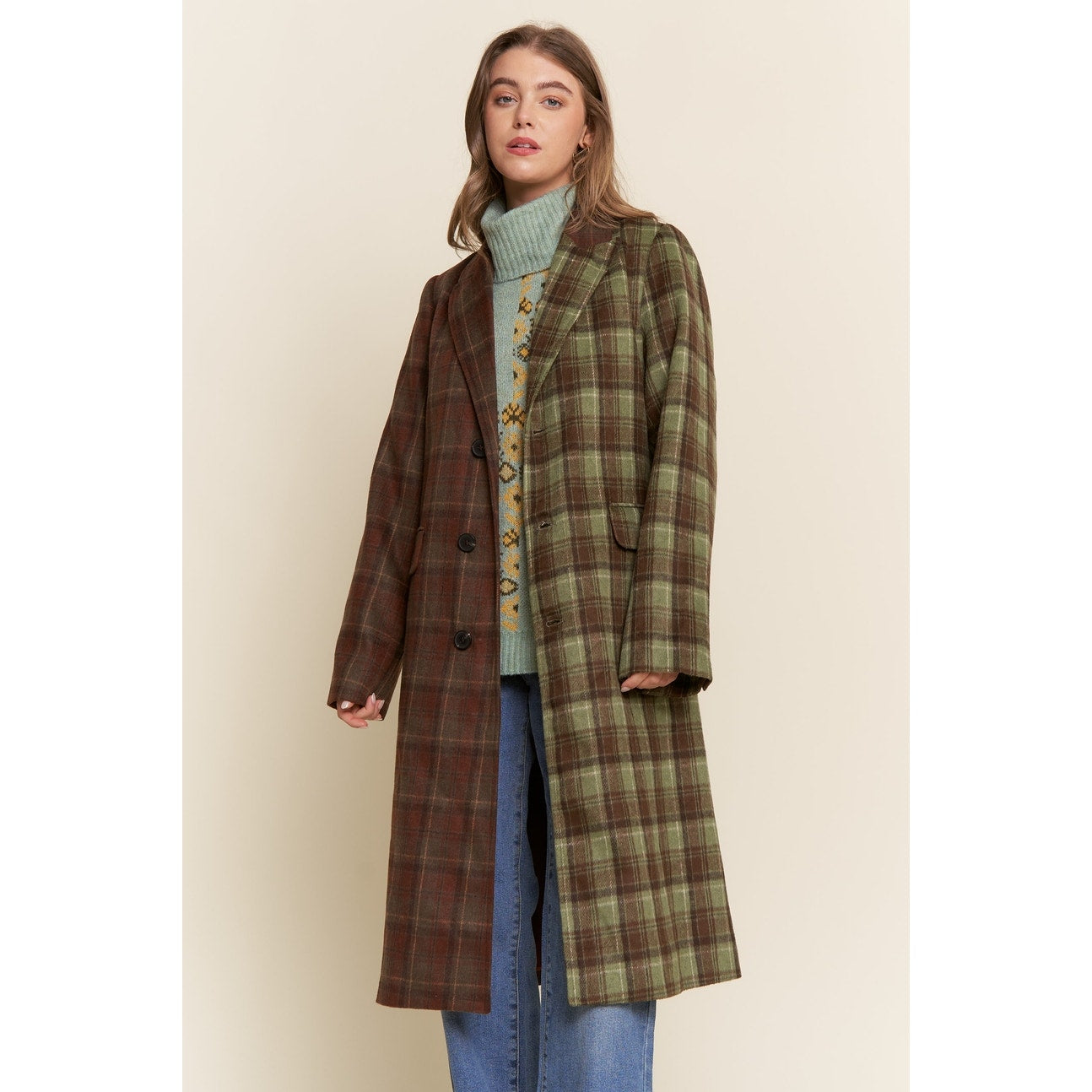 Plaid Two-Tone Midi Length Coat