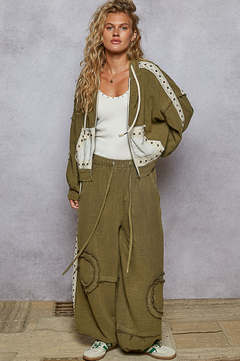 Vintage Olive Double Gauze Stud Detail Hoodie Jacket