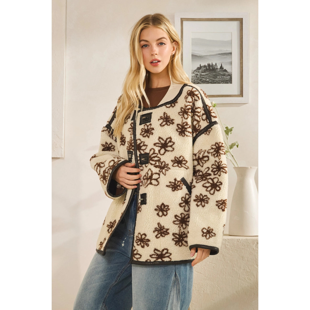 Oversized Floral Front Button Metal Clasp Jacket