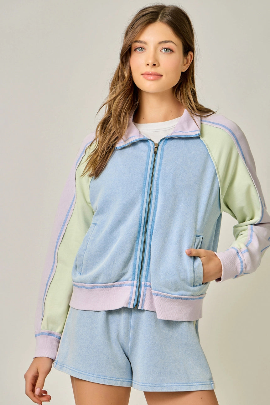 Soft Blue Lavender Color Block Zipped Up Jacket