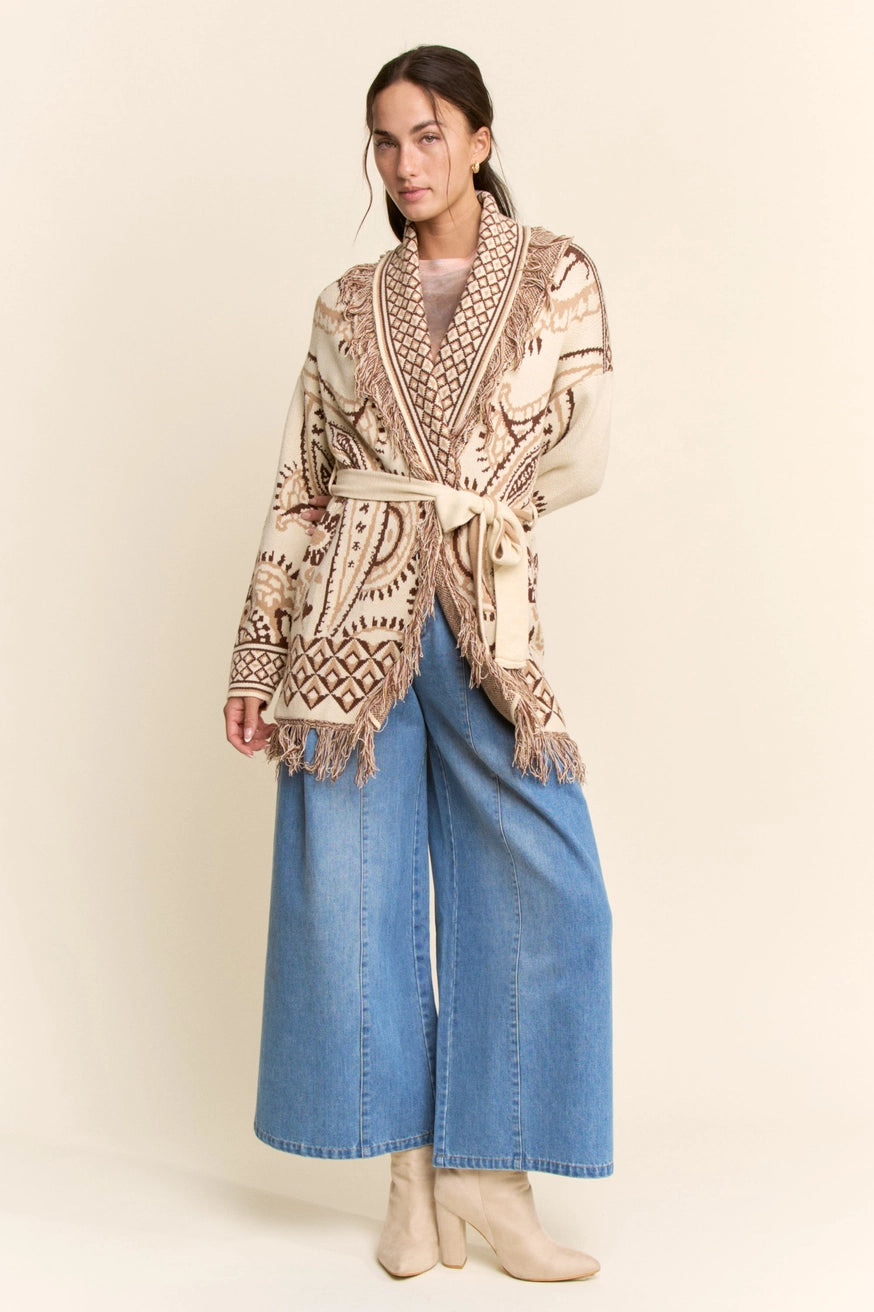 Fringe Trim Jacquard Knit Belted Cardigan