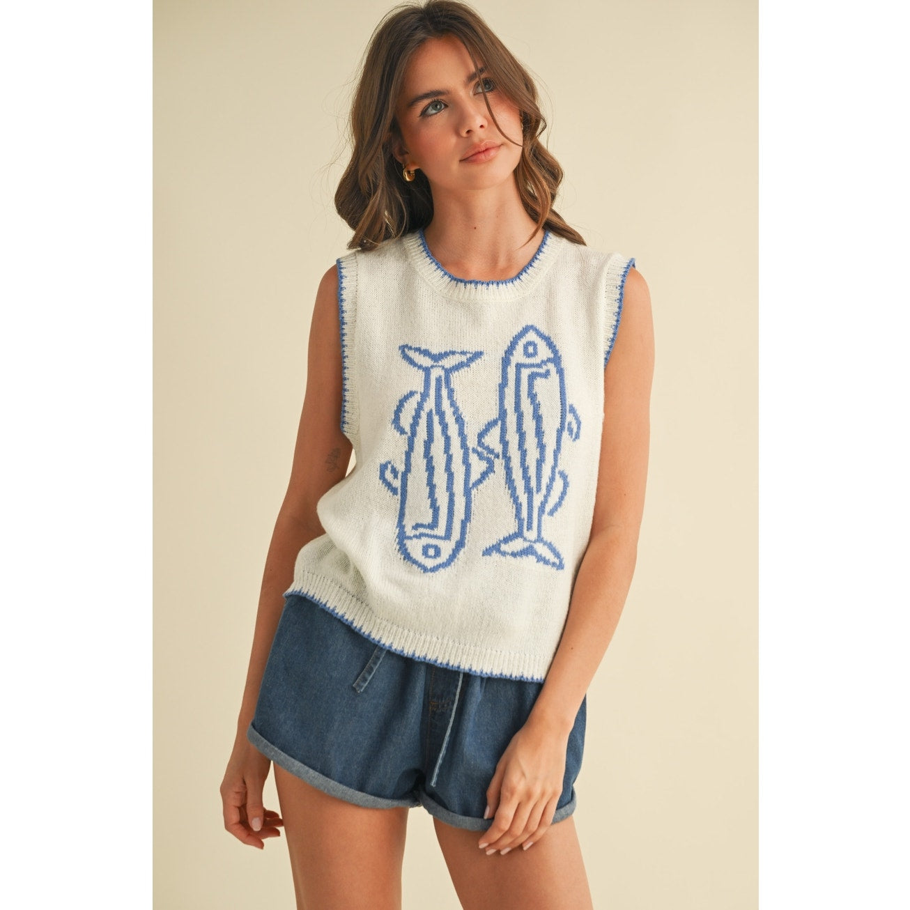 Blue & Cream Fish Printed Sleeveless Sweater Top