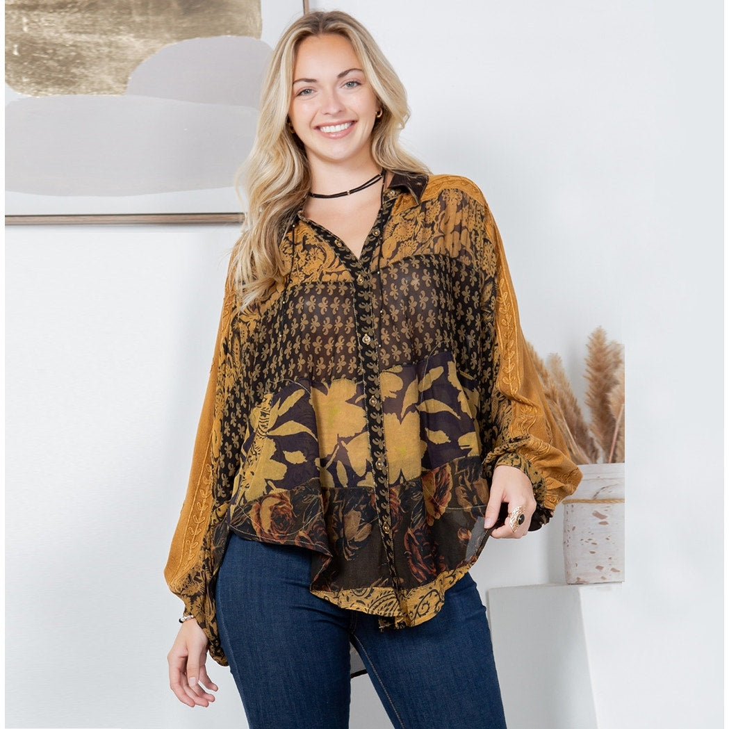 Camel Patchwork Balloon Sleeved Shirt