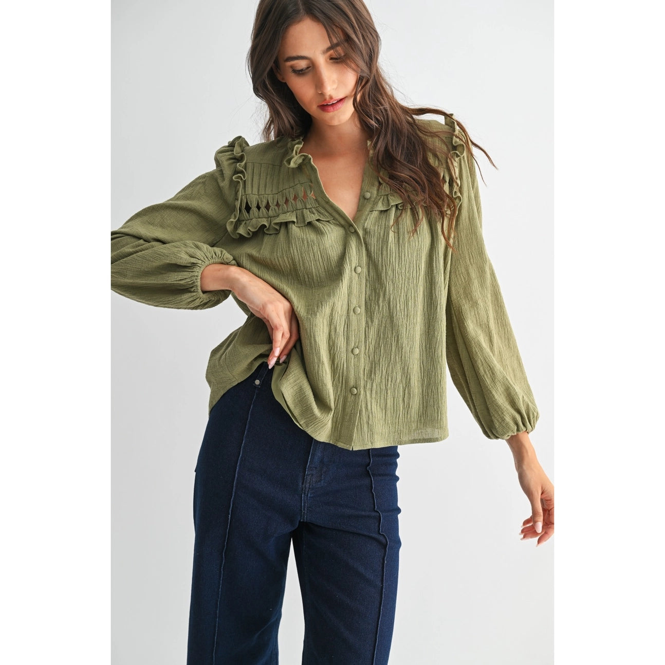 Olive Blouse with Ruffled Detail