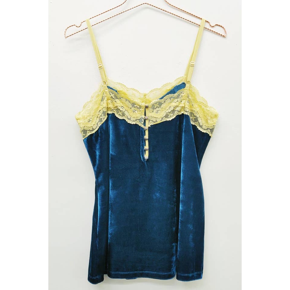 Aratta Teal Blue Velvet Dreams Lace Trim Cami