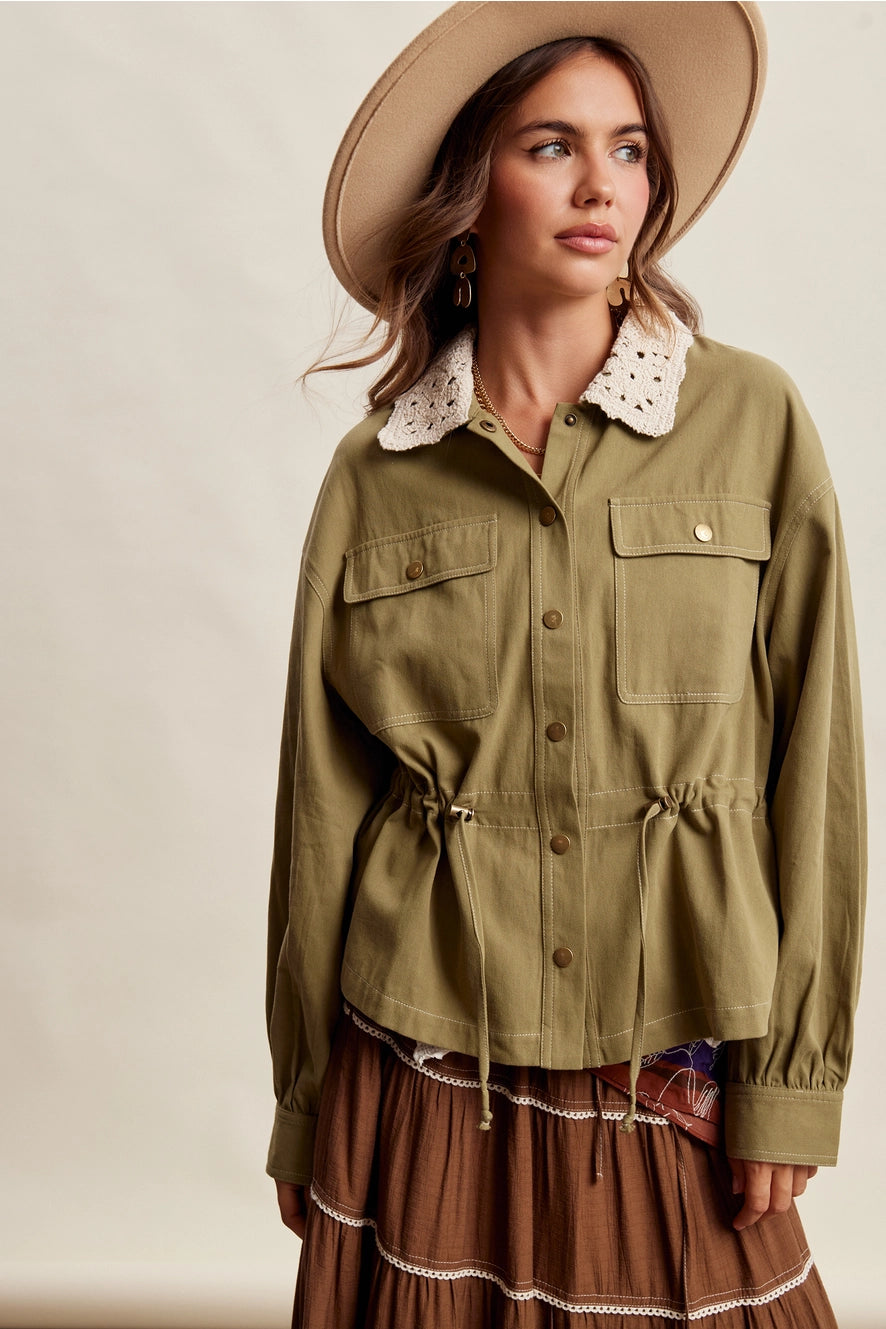 Olive Crochet Collar Utility Jacket