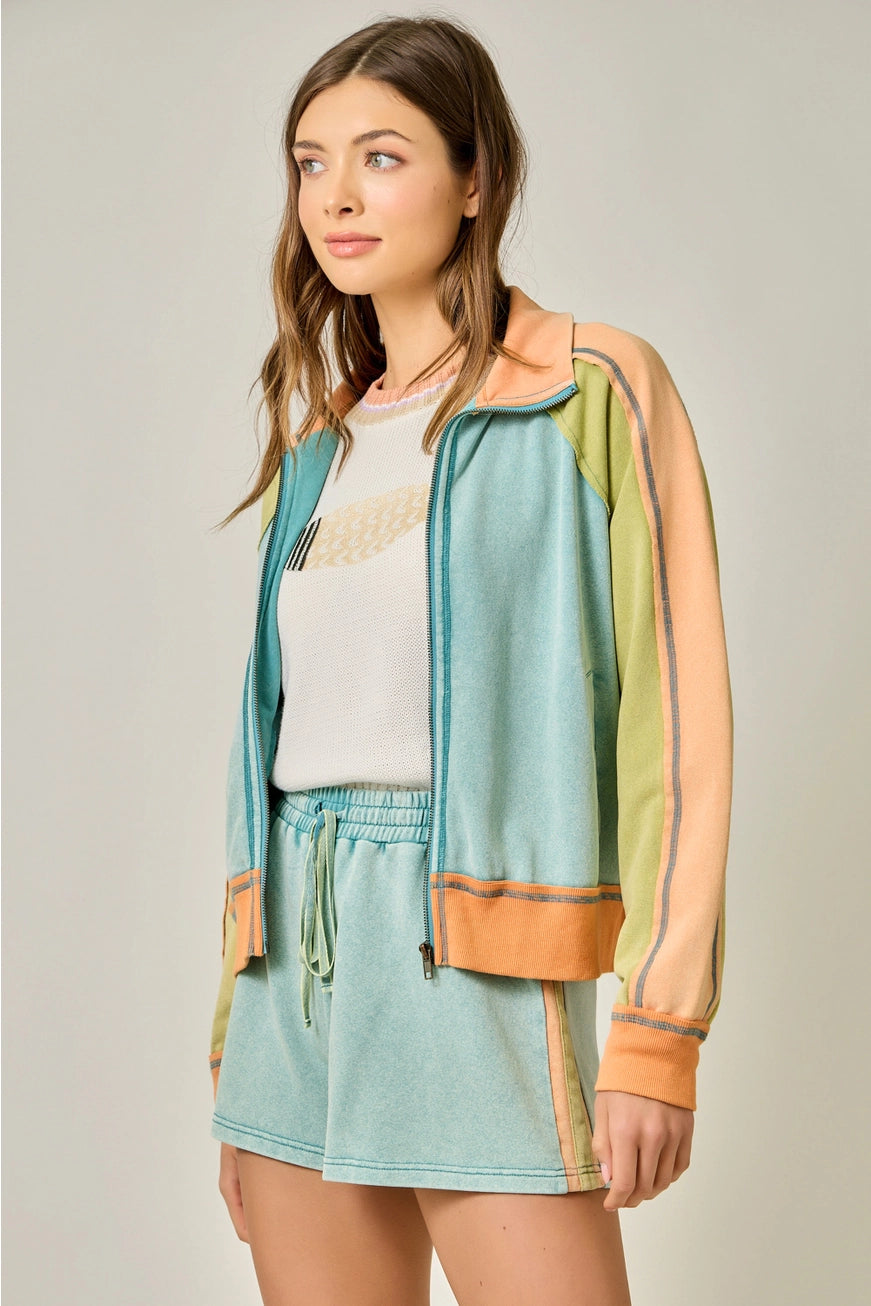 Seafoam Orange Color Block Zipped Up Jacket