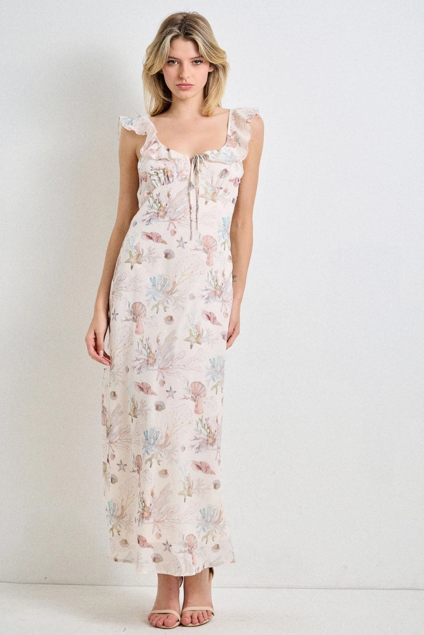 Coral Reef Ruffle Detail Maxi Dress